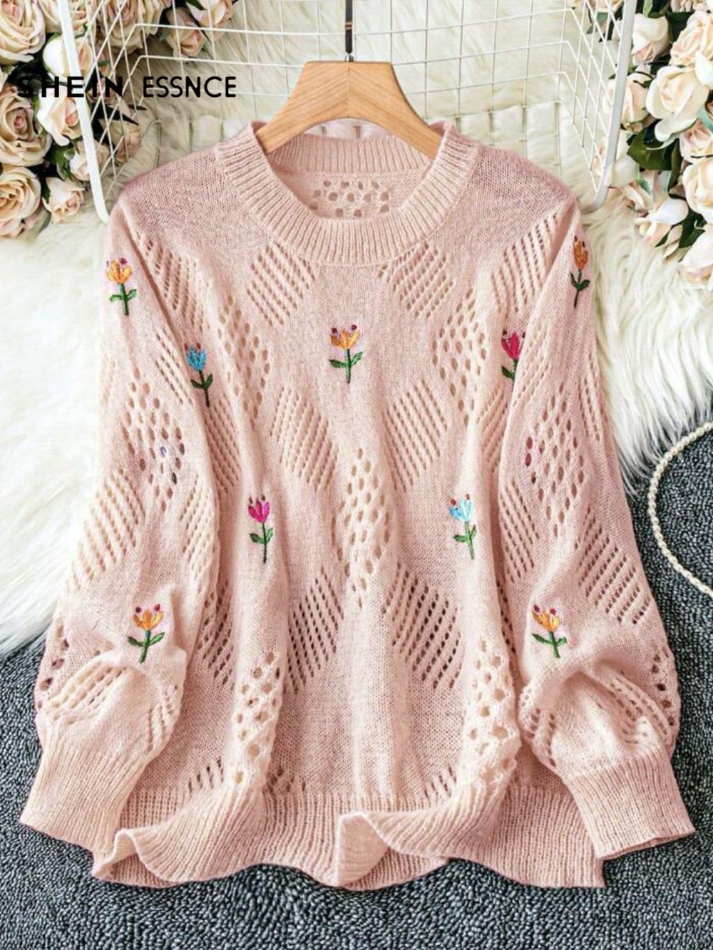 Pink Sweater with Floral Embroidery